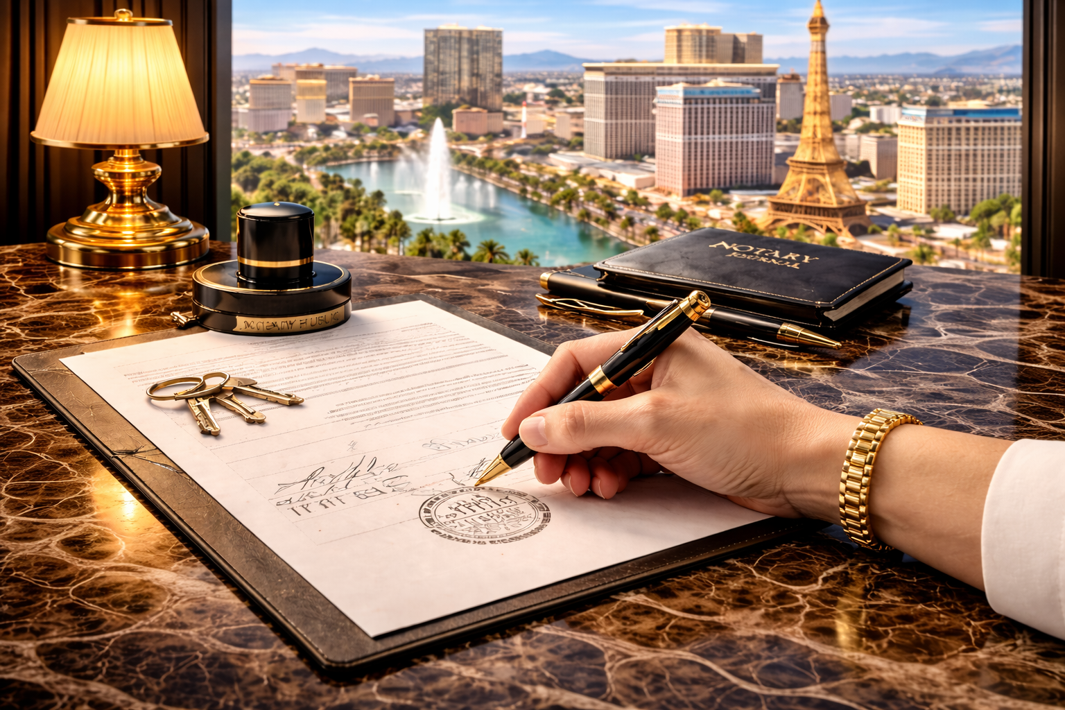 Luxury Las Vegas notary signing scene with documents and skyline view